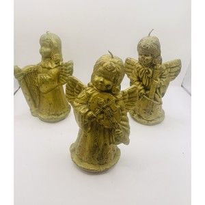 3 Vintage Angel Christmas Candles Gold Color Playing Instruments 6”